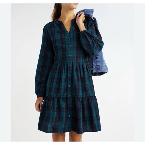 Time and Tru Tiered Plaid Short Dress FLANNEL Cotton Puff Sleeves Large EUC - Picture 1 of 5